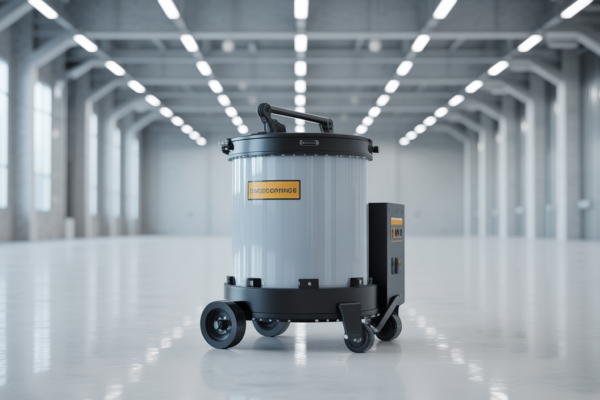 Photorealistic hero image of a telescoping portable drum inverter showcasing adjustable mast and drum clamp against a clean neutral background