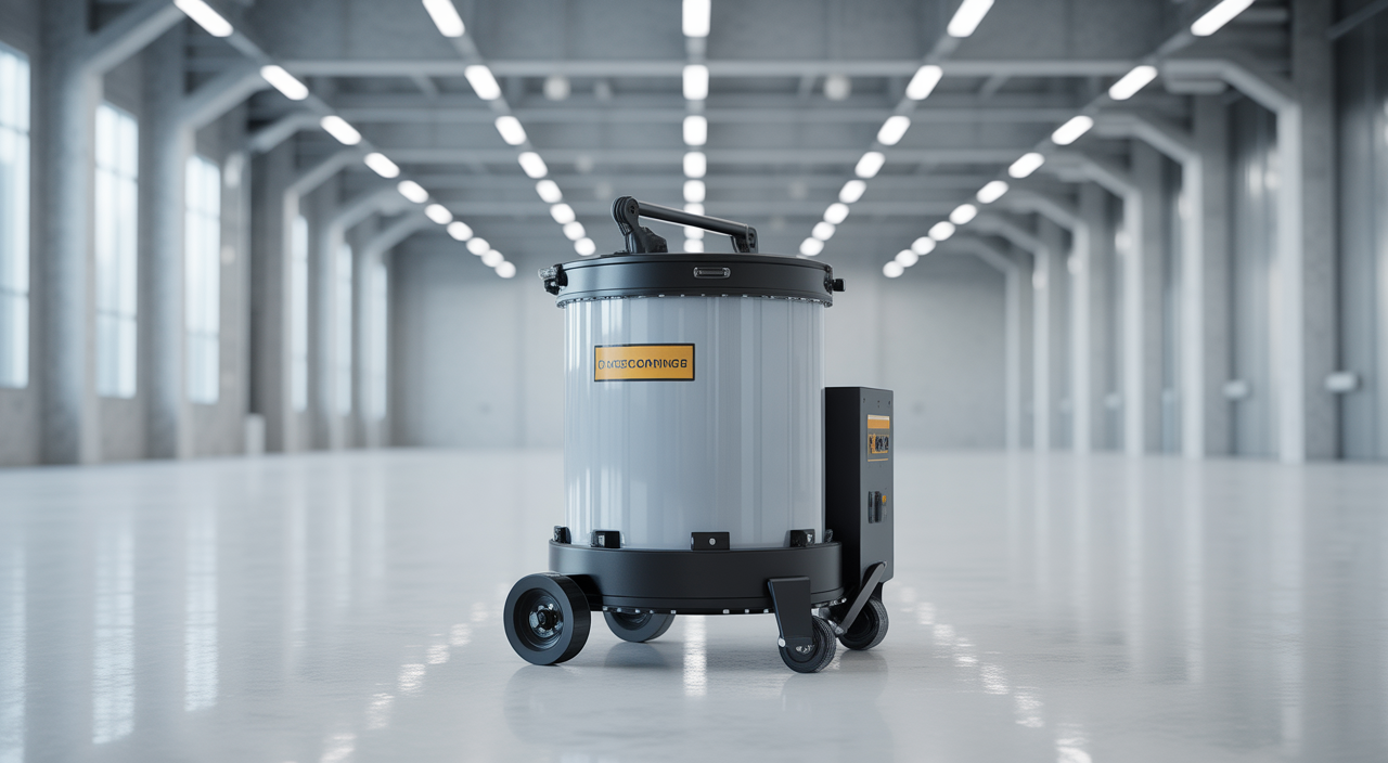 Photorealistic hero image of a telescoping portable drum inverter showcasing adjustable mast and drum clamp against a clean neutral background